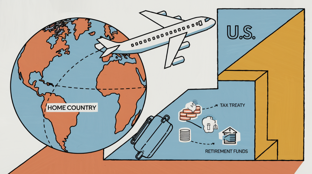 A globe with an airplane flying from "Home Country" to "U.S." carrying a suitcase with "Assets," "Tax Treaty," and "Retirement Funds."
