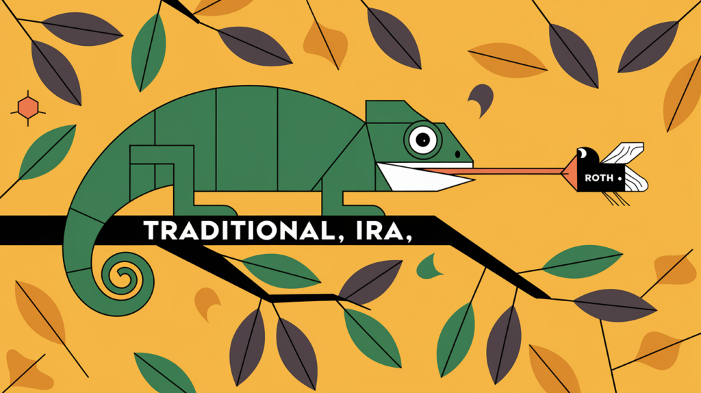 A colorful block illustration of a chameleon transferring between branches labeled "Traditional IRA" and "Roth IRA."
