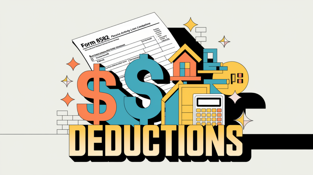 A block illustration of Form 8582 with tax-related icons like a dollar sign, house, and calculator, highlighting the keyword "Deductions."