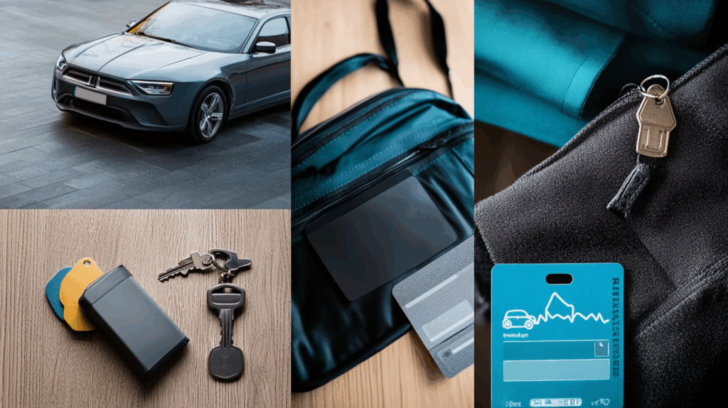 A collage of employee perks like a car with keys, a gym bag, and a health insurance card.