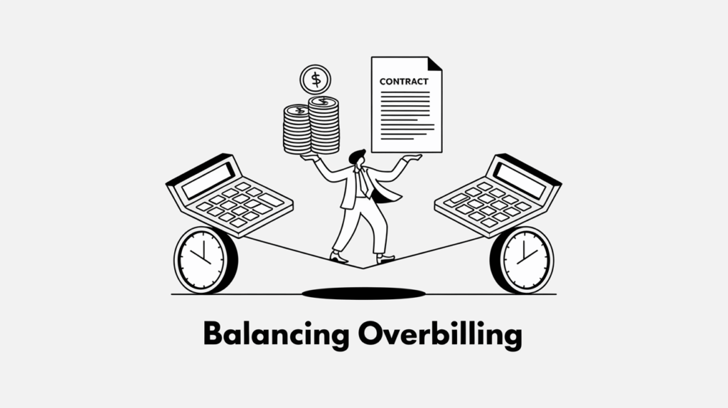 Line art of a person balancing coins and a contract on a tightrope, symbolizing the challenges of managing overbilling