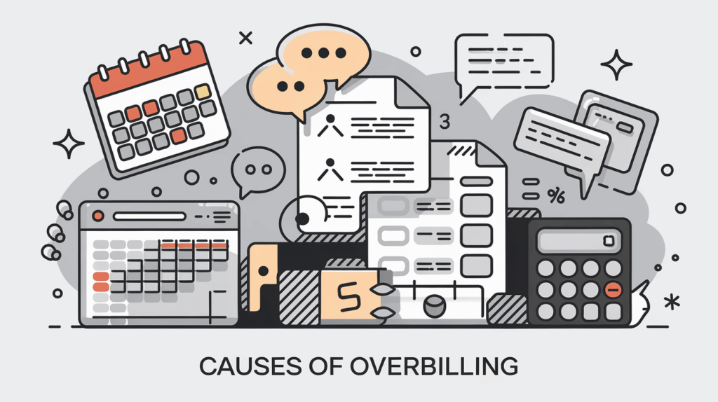 Vector art illustrating causes of overbilling, including missed deadlines, miscommunication, errors, and incomplete documentation