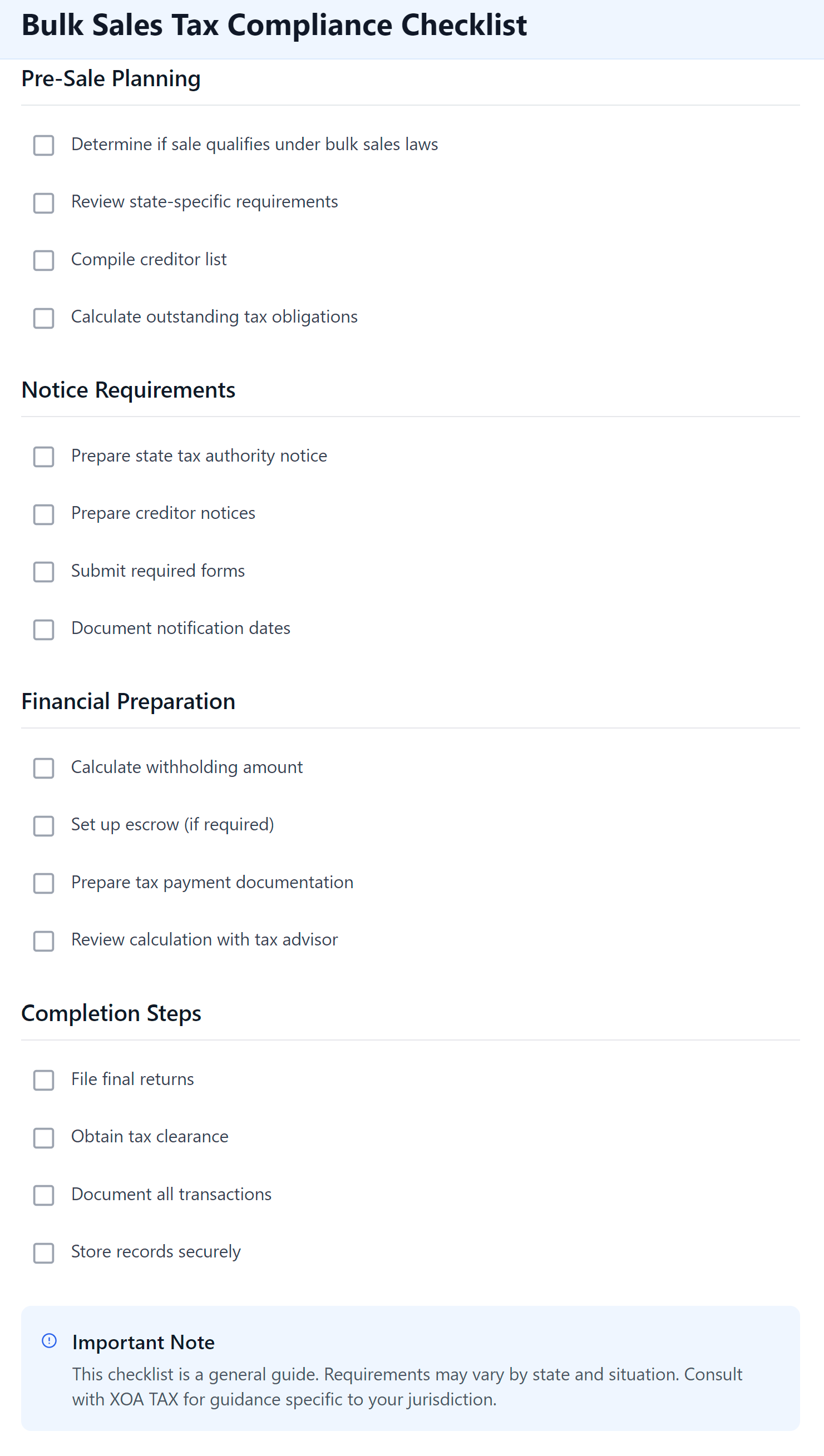 A structured checklist for bulk sales tax compliance featuring 16 tasks divided into four sections. Pre-Sale Planning section includes tasks like determining sale qualification and compiling creditor lists. Notice Requirements covers authority notifications and form submissions. Financial Preparation details calculation and escrow steps. Completion Steps outlines final documentation requirements. Includes a blue progress bar at top and important notice about state variations at bottom.