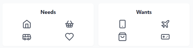 An infographic with two columns, one labeled "Needs" and the other "Wants." The "Needs" column shows icons of a house, a grocery basket, a bus, and a first aid kit. The "Wants" column shows icons of a smartphone, a plane, a shopping bag, and a video game controller.
