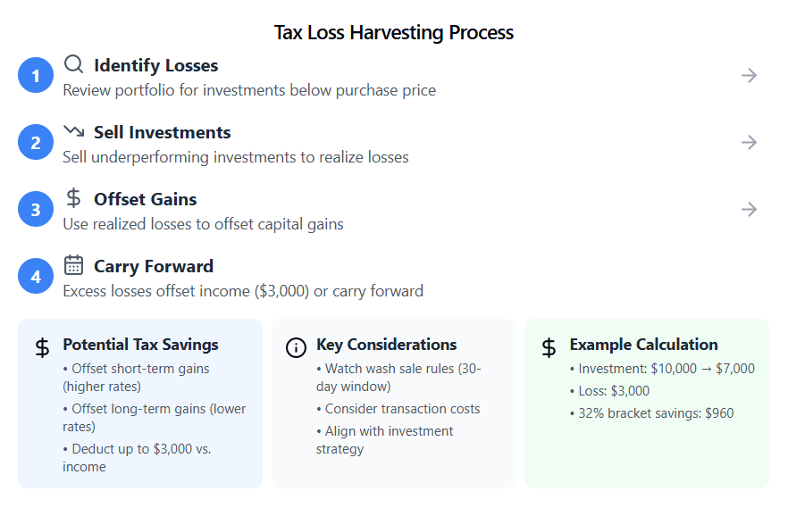 An infographic illustrating the process of tax loss harvesting, with visuals for each step: identifying losing investments, selling them, offsetting gains, and carrying forward losses.